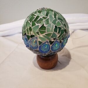 Green Mosaic Art Sphere on Wooden Base